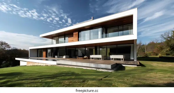 Modern White House with Pool and Lawn