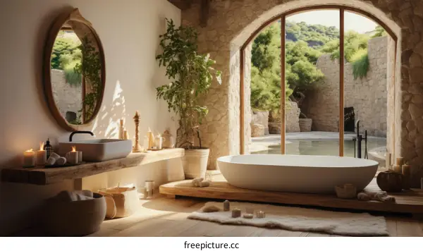 Spa bathroom interior with large window overlooking green landscape