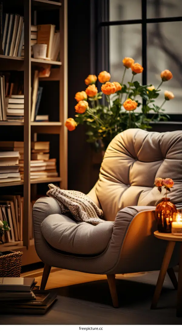 A cozy reading nook with a large armchair, a bookshelf, and a vase of flowers