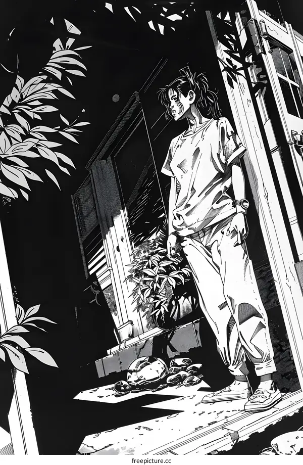 Black and White Illustration of a Woman Standing Near a Doorway