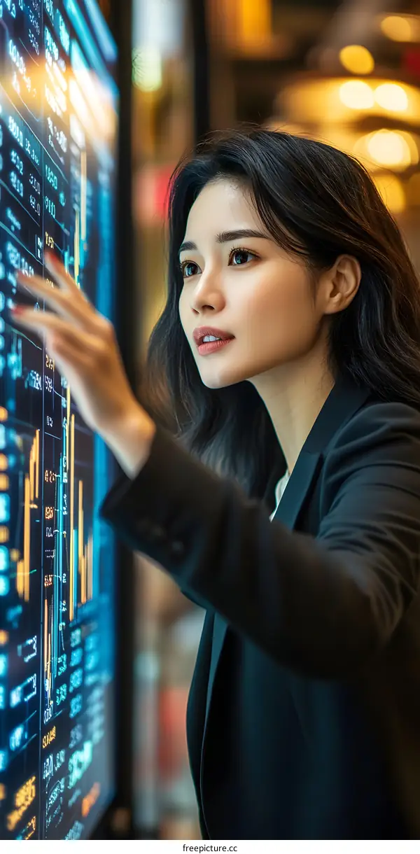 Business Woman Analyzing Stock Market Data on Large Digital Screen