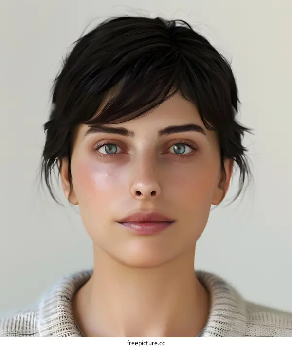 Portrait of a Beautiful Woman with Blue Eyes and Short Brown Hair