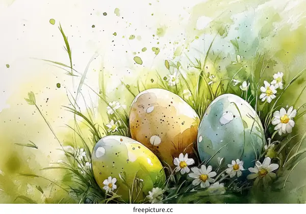 Watercolor Easter Eggs in Grass