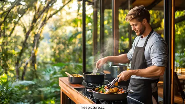 Man Cooking Delicious Food on a Stove in a Rustic Kitchen