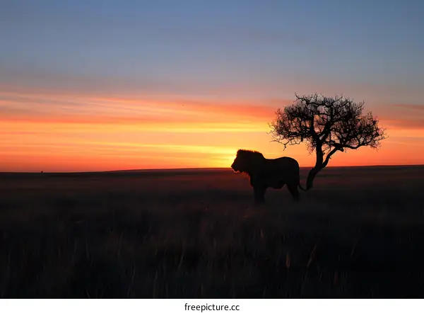 Lion in the African savannah at sunset