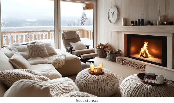 Cozy Winter Living Room with Fireplace and Mountain View
