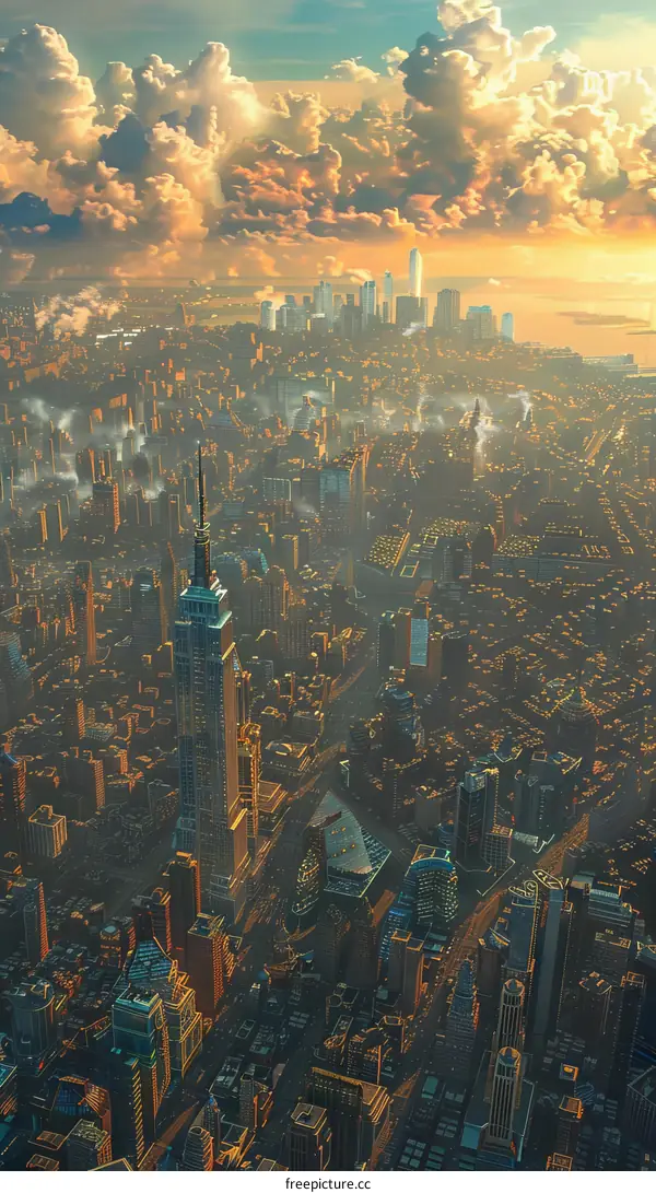 New York City skyline with towering skyscrapers, clouds and sun