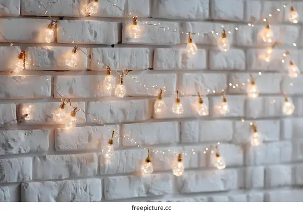 Elegant Fairy Lights on White Brick Wall Decor