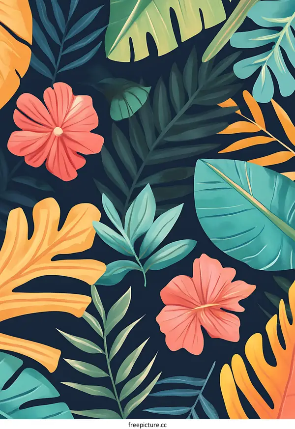 Tropical Leaves and Flowers Pattern