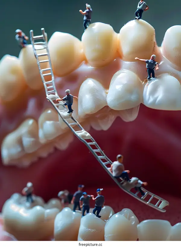 Miniature People Working On Human Teeth