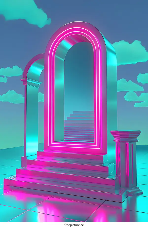 Neon Light Archway with Steps and Clouds
