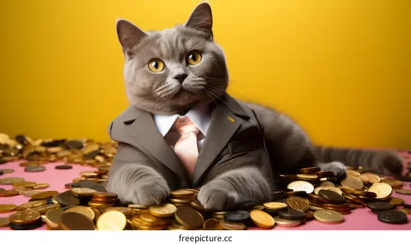 British Shorthair Cat in Suit and Tie on Gold Coins