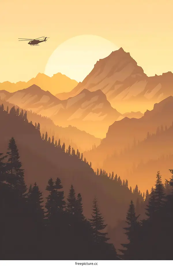 Silhouette Helicopter Flying Over Mountain Range at Sunset