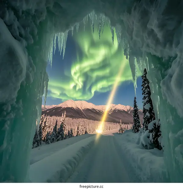 Aurora Borealis Seen Through an Ice Cave