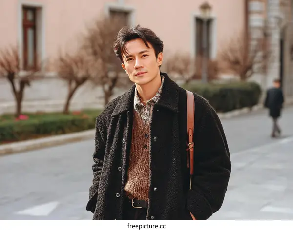 A man wearing a black coat stands on a street with buildings in the background
