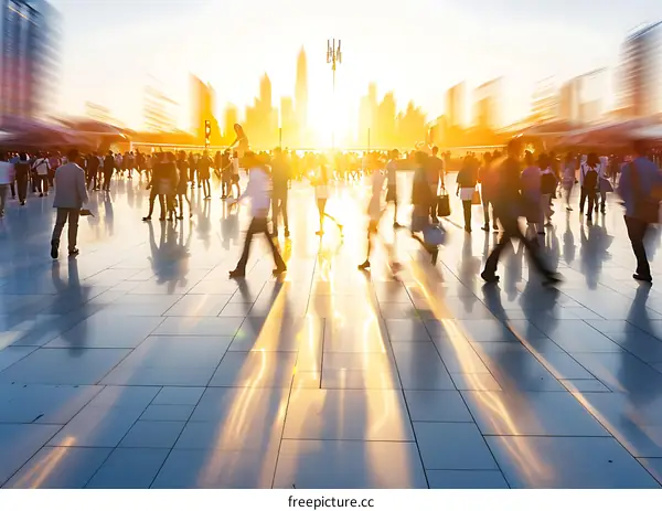 Cityscape at Sunset with Blurred Crowd of People