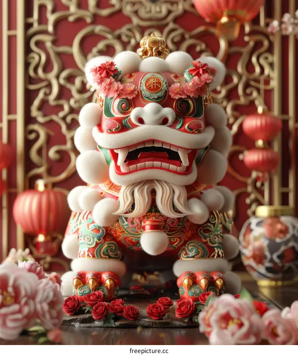 A Chinese lion statue with red and gold decorations