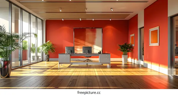 Office interior with red walls and wooden floor