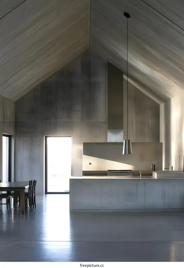 Modern Minimalist Kitchen Design With Concrete Walls And High Ceiling