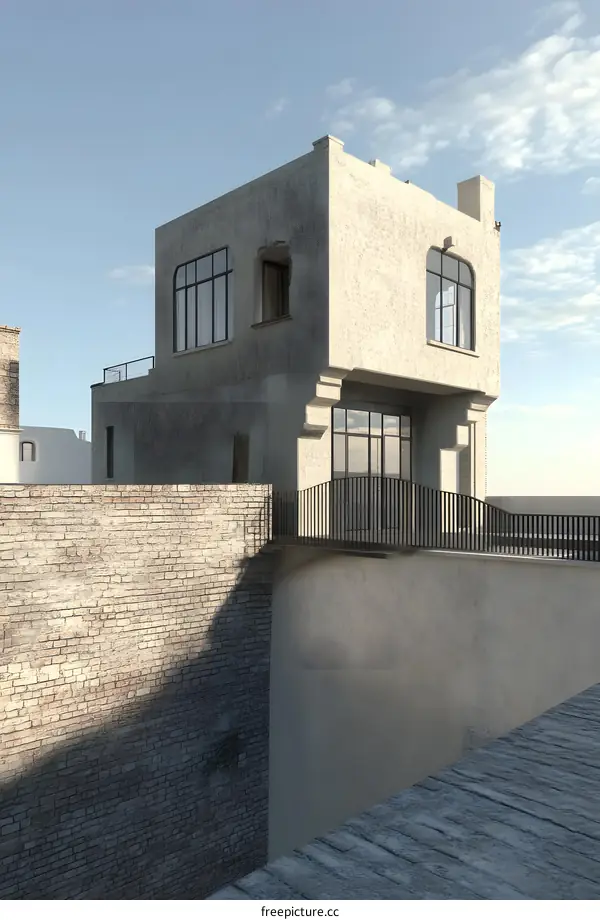 Modern Architecture Building with Brick Wall in Front