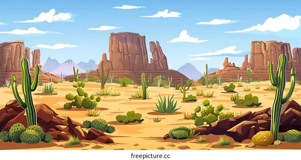 Desert Landscape With Cactus And Mountains Illustration