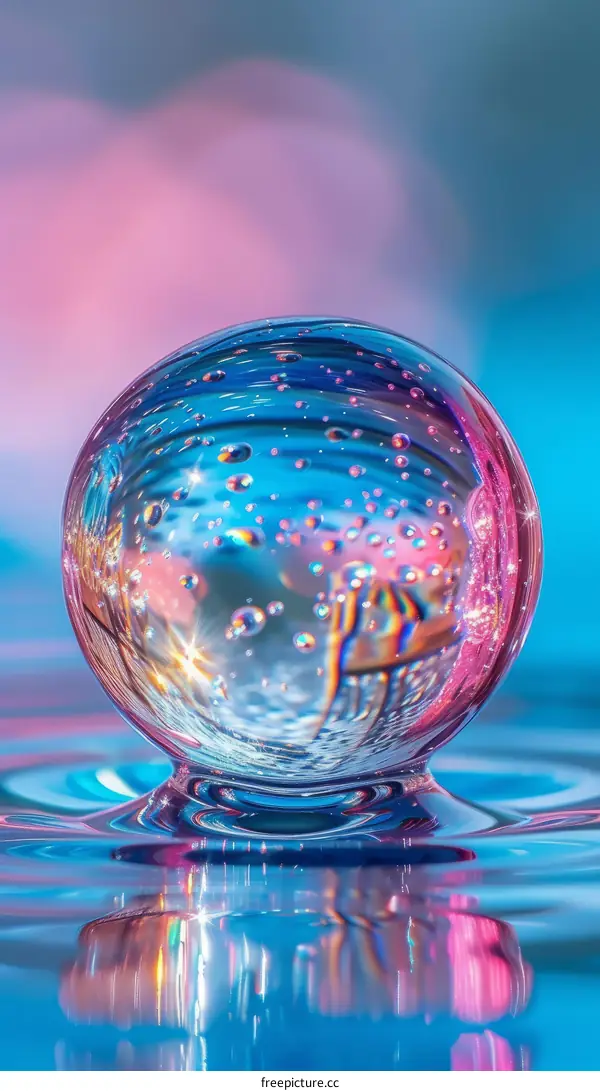 Crystal ball on water surface with colorful background
