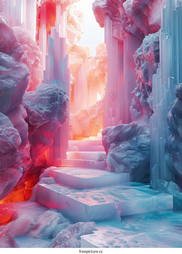 Pink and Blue Crystal Cave with Stairs
