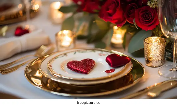 Valentines Day Table Setting with Red Hearts