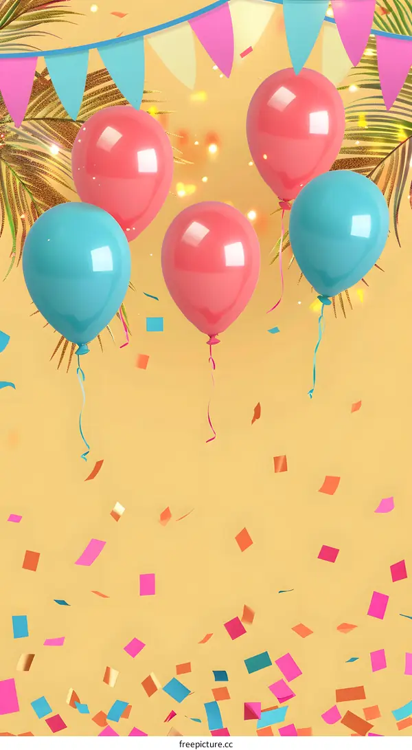 Colorful Balloons and Confetti on Yellow Background