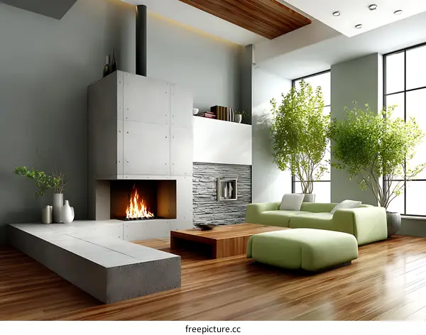 Modern Concrete Fireplace Living Room Interior