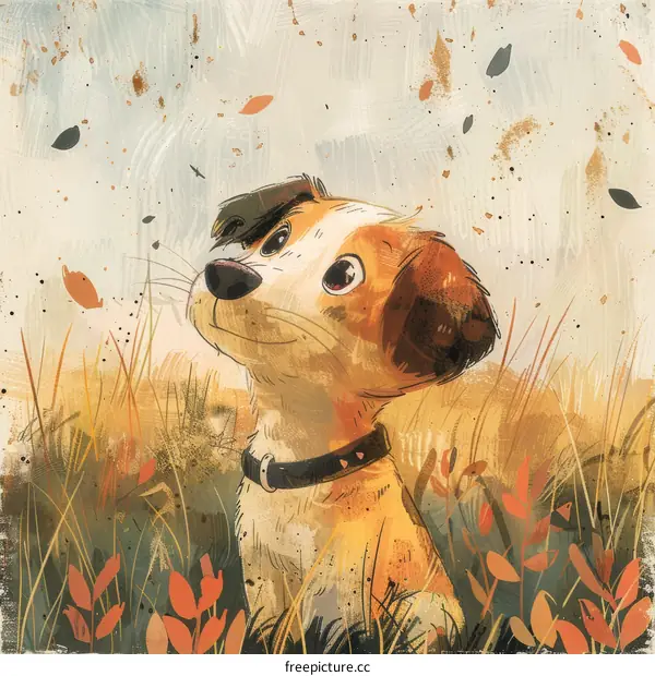 A cute puppy looking up at the sky while standing in a field of tall grass