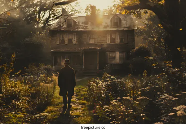 man walking towards a haunted house