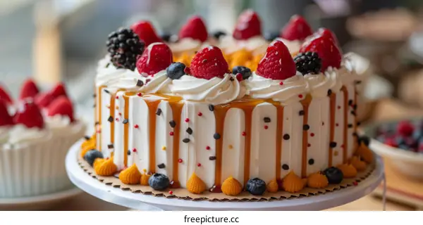 A cake with strawberries, blueberries, and raspberries on top