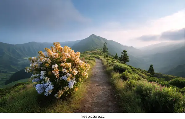 Mountain Path with Blooming Flowers at Sunrise