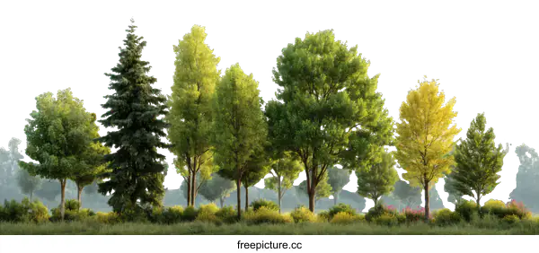 [Transparent Background PNG]Row of Lush Trees in a Sunny Meadow