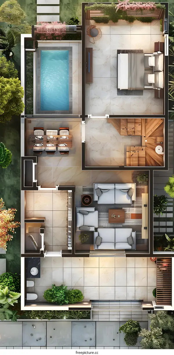 Top view of a modern house with swimming pool