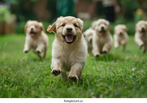 Five cute golden retriever puppies are running on the grass