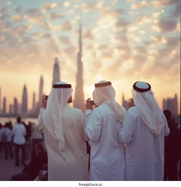 Three Emirati Men Photographing Burj Khalifa at Sunset