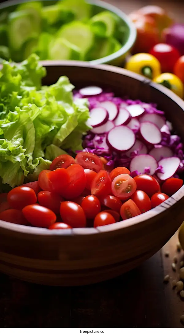 Fresh and healthy salad with lettuce, tomatoes and radishes