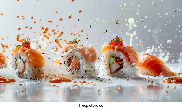 A variety of sushi rolls with orange and white splashes
