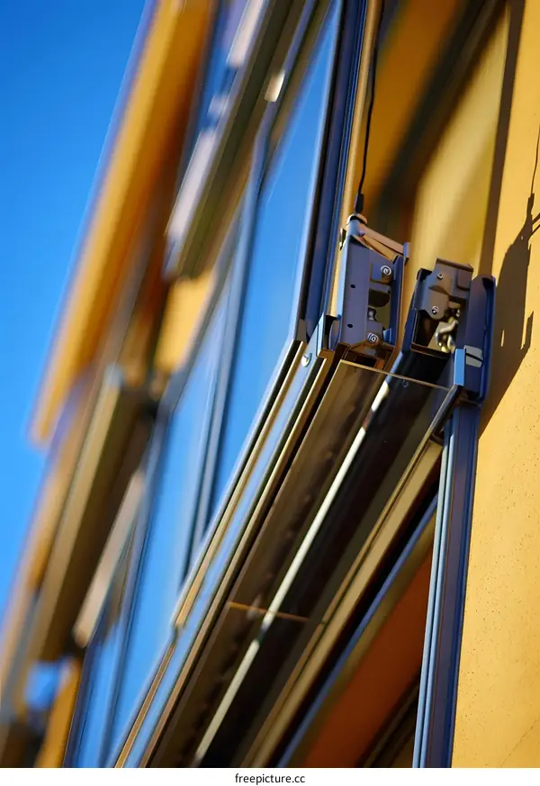 Close Up of Window Frame with Hinges and Glass