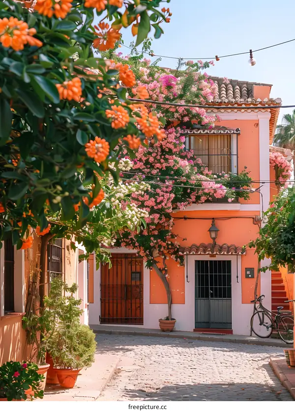 A beautiful Spanish street with a pink building and orange flowers