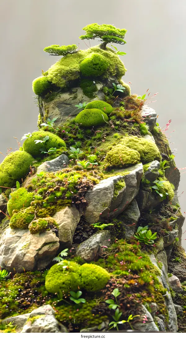 Green Moss Covered Rocks and Small Trees