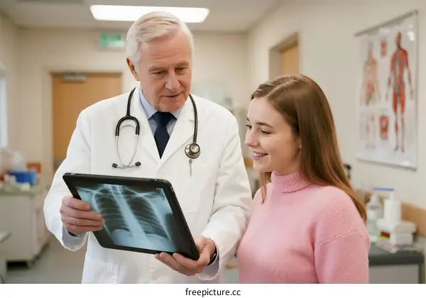 Senior doctor explaining chest X-ray to young female patient in clinic