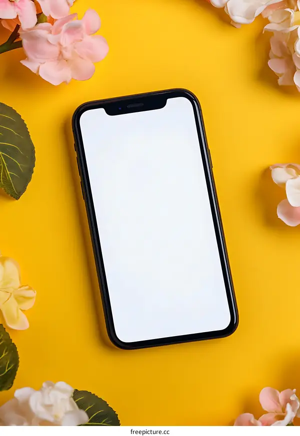 Smartphone Mockup with White Screen on Yellow Background Surrounded by Flowers