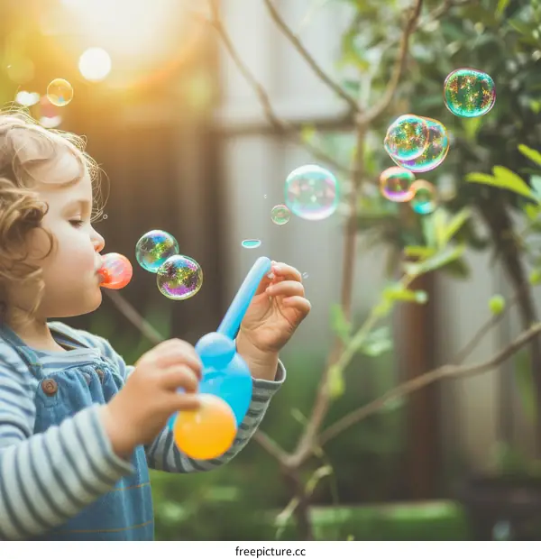 Little girl blowing bubbles in the garden