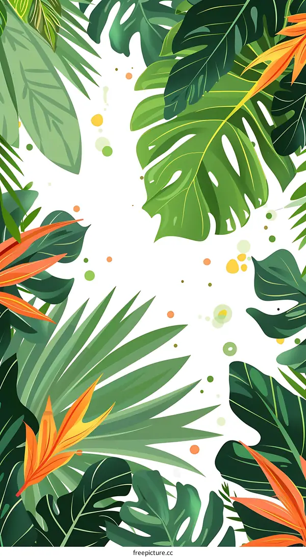 Tropical Leaves and Flowers Digital Illustration Background