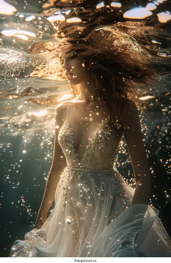 An ethereal underwater photoshoot of a woman wearing a white dress