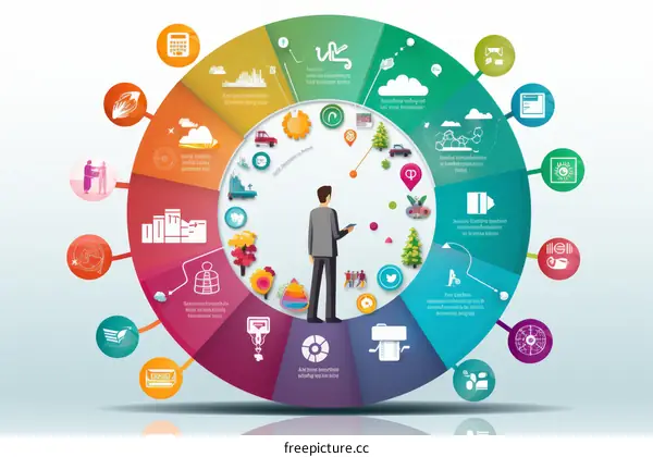 Businessman standing in the center of a colorful circle divided into 12 sections, each representing a different aspect of business.