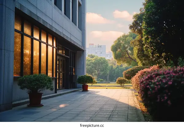 Modern Office Building Exterior with Lush Landscaping